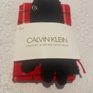 Calvin Klein Red Plaid Scarf with Black Touch Gloves New in package. Women’s